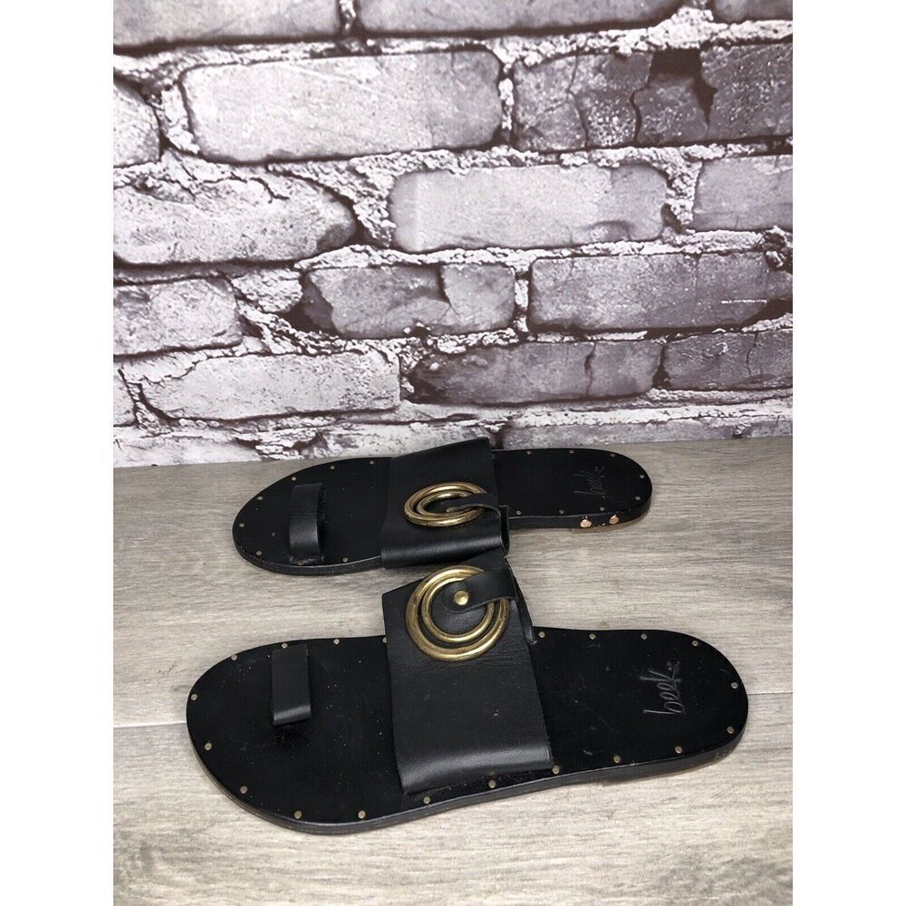 Beek Black Leather Handmade Gold Toe Ring Flats Sandals Women Sz 7M US/38EU
